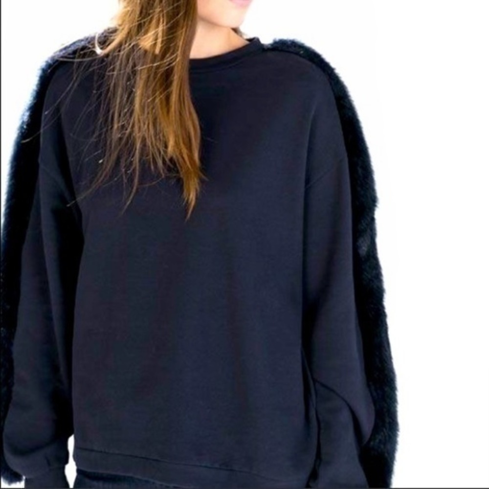 ZARA Plush Sweatshirt pullover faux fur sleeves navy blue S Gently Preloved - Picture 9 of 11